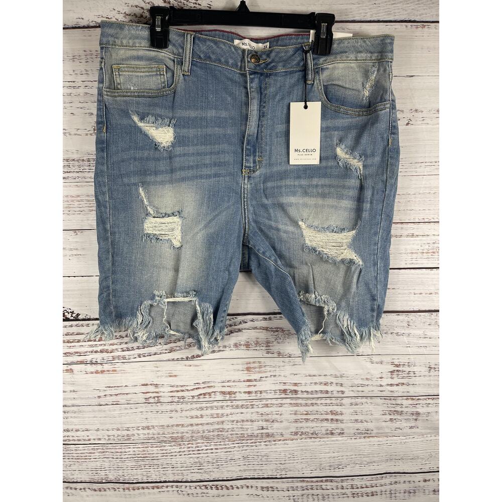 Ms Cello Shorts Women's 3X Blue Distressed Denim High Rise Frayed Plus Size New